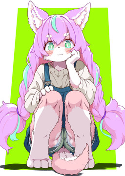 4_toes anthro barefoot blush clothed clothed_anthro clothed_female clothing crouching feet female female_anthro fur genitals gloves_(marking) hair kemono leg_markings long_hair looking_at_viewer markings obscured_inner_labia overalls panties socks_(marking) solo tail toes twintails_(hairstyle) underwear vulva koorinezumi canid canine mammal 2026 digital_media_(artwork) hi_res