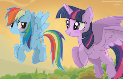 blue_body blue_feathers blush cutie_mark duo eye_contact feathered_wings feathers female feral flying forest hair horn landscape looking_at_another multicolored_hair nature outside plant purple_body purple_eyes purple_feathers rainbow_hair sky smile sun tree wings shutterflyeqd friendship_is_magic hasbro my_little_pony mythology rainbow_dash_(mlp) twilight_sparkle_(mlp) equid equine mammal mythological_creature mythological_equine pegasus winged_unicorn 2016 hi_res