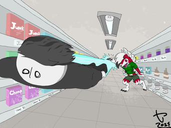 3_fingers action_pose ambiguous_gender angry anthro bent_ears biped black_claws black_clothing black_hair black_hair_tip black_shirt black_topwear bottomwear canned_food cereal_box claws clothing countershade_face countershade_legs countershading duo fangs finger_claws fingers food fur green_bottomwear green_clothing green_shirt green_shorts green_topwear grocery_store hair jelly_(food) lights mouthless multicolored_body multicolored_fur open_mouth perspective pink_eyes pose raised_arm red_body red_fur sharp_teeth shirt short_sleeves shorts snout syrup teeth throwing throwing_character toe_claws topwear two_tone_body two_tone_fur white_body white_fur white_skin carnaltwin nintendo pokemon canid canine canis generation_7_pokemon human lycanroc mammal midnight_lycanroc pokemon_(species) wolf 2025 4:3 digital_drawing_(artwork) digital_media_(artwork) watermark