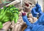 2014 abs anthro balls biceps blue_penis bodily_fluids claws cum cum_in_mouth cum_inside cum_on_face cumshot day deep_throat detailed_background dinosaur ejaculation english_text erection extreme_dinosaurs eyes_closed fangs fellatio genital_fluids genitals gesture group hand_gesture handjob hands-free hardrock head_in_crotch hi_res horn humanoid_genitalia humanoid_penis lying male male/male moan muscular muscular_male nude on_back open_mouth oral oral_penetration orgasm orgasm_face orgasm_from_oral outside pecs penetration penile penis reptile scalie screaming sex sideways_oral spike_(extreme_dinosaurs) standing stegz sucked_silly sucking teeth text thumbs_up todex tongue url vein