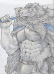 abs anthro barazoku biceps big_muscles bulge cape claws clothing facial_scar fangs finger_claws greatsword holding_melee_weapon holding_object holding_sword holding_weapon male melee_weapon muscular muscular_anthro muscular_male navel nipples pecs scar simple_background solo sword teeth weapon white_background 47reaperz elden_ring fromsoftware blaidd_(elden_ring) canid canine canis mammal wolf 2022 hi_res traditional_media_(artwork)