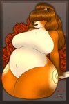 2023 2:3 4_fingers accessory anthro artist_name bangs belly big_belly breasts brown_body brown_fur brown_hair brown_nose canid canine canis chest_tuft claws colored digital_drawing_(artwork) digital_media_(artwork) domestic_dog featureless_breasts female finger_claws fingers flower frown fur fur_markings grey_background hair hair_accessory hair_over_eyes hair_tie hazel_(australisequine) hi_res leaning leaning_backward lips long_hair mammal markings multicolored_body multicolored_fur navel nude petals pink_lips plant ponytail pregnant pregnant_anthro pregnant_female rakkyoarts red_flower rose_(flower) shaded simple_background solo thick_bottom_lip thick_thighs tuft white_body white_fur wide_hips