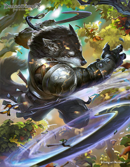 action_pose ambiguous_gender anthro armor belt bottomwear brown_body brown_fur clothing ear_piercing ear_ring fur holding_melee_weapon holding_object holding_weapon leaf melee_weapon pants pauldron piercing plant pose ring_piercing solo tail tree weapon rudy_siswanto bushiroad dragoborne:_rise_to_supremacy canid mammal digital_media_(artwork) official_art