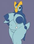 3_fingers anthro anthrofied areola avian beak belly big_breasts biped bird blue_body blue_eyes blue_nipples blue_skin breast_grab breasts erect_nipples eyelashes female fingers fondling generation_4_pokemon genitals hand_on_breast hi_res holding_breast huge_breasts looking_at_viewer navel nintendo nipples non-mammal_breasts nude overweight overweight_anthro overweight_female pokemon pokemon_(species) posexe prinplup pussy seductive self_fondle simple_background solo standing thick_thighs wide_hips wings