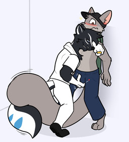 against_surface against_wall anthro clothed clothing duo grope headgear headwear male partially_clothed ring sailor_uniform shirtless simple_background tail uniform flytermo2 flytermo_(character) mr._olive mammal mephitid rodent sciurid skunk tree_squirrel hi_res