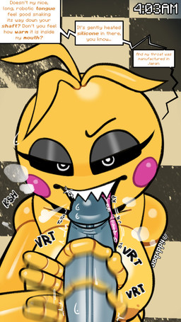 areola big_breasts big_penis bird's-eye_view black_eyebrows black_sclera blonde_hair blush blush_stickers breasts disembodied_penis duo eyebrows eyelashes female fingers first_person_view genitals hair handjob high-angle_view humanoid_genitalia humanoid_penis licking looking_at_viewer machine male male/female nipples oral orange_areola orange_nipples penile penis penis_lick pink_blush pink_tongue pupils sex sharp_teeth short_hair speech_bubble teeth text tongue tongue_out white_eyes white_pupils yellow_body tdtbaa five_nights_at_freddy's five_nights_at_freddy's_2 scottgames toy_chica_(fnaf) animatronic avian bird chicken galliform phasianid robot 2026 4k 9:16 absurd_res artist_name digital_media_(artwork) english_text hi_res watermark