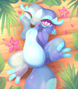 3_toes blue_body blue_feet blue_skin claws feet female female_feral feral flower half-closed_eyes lying mouth_closed multicolored_body multicolored_skin narrowed_eyes on_back one_eye_closed outside pink_eyes plant solo spread_legs spreading toes tongue tongue_out two_tone_body two_tone_skin wink patohoro nintendo pokemon pokemon_winds_and_waves gecqua generation_10_pokemon pokemon_(species) reptile scalie 2026 absurd_res hi_res