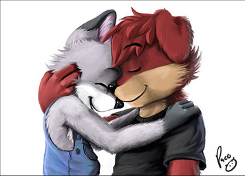 anthro black_clothing black_eyebrows black_nose black_shirt black_t-shirt black_topwear blue_clothing blue_overalls cheek_tuft closed_smile clothed clothing duo eyebrows eyes_closed facial_tuft fur gloves_(marking) grey_body grey_fur hair head_to_head logo male male_anthro markings mouth_closed open_mouth open_smile overalls red_body red_fur red_hair shirt short_hair side_view simple_background smile t-shirt tan_body tan_fur topwear tuft white_background white_body white_fur young young_anthro young_male pandapaco canid canine canis domestic_dog mammal artist_logo signature