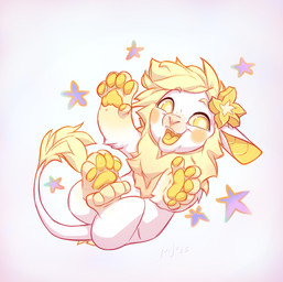 accessory anthro biped blonde_mane female feral flower flower_in_hair fur hair hair_accessory happy looking_at_viewer lying mane on_back open_mouth open_smile pawpads plant rosy_cheeks simple_background smile solo tail tail_tuft teeth tongue tuft white_body white_fur yellow_pawpads yellow_tongue young young_female young_feral maryvirgin felid lion mammal pantherine 2026 hi_res