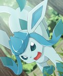 action_pose ambiguous_gender blue_body blue_markings blue_nose blue_paws dutch_angle feral looking_at_viewer markings midair open_mouth outside paws plant pose shrub solo tree rumine nintendo pokemon eeveelution generation_4_pokemon glaceon pokemon_(species) hi_res