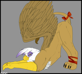 accessory bdsm beak bondage bound bow_(feature) bow_accessory bow_ribbon brown_body brown_feathers feathered_wings feathers female feral furgonomics multi_nipple nipples purple_body purple_feathers ribbons simple_background smile solo submissive submissive_female tail tail_accessory tail_bow tail_ribbon teats white_body white_feathers wings backlash91 conditional_dnp friendship_is_magic hasbro my_little_pony mythology gilda_(mlp) avian gryphon mythological_avian mythological_creature 2015 digital_media_(artwork)