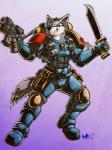 2019 5_fingers adeptus_astartes anthro armor biped boneitis canid canine canis clothed clothing combat_knife dual_wielding fingers full-length_portrait fur gun hair holding_object holding_weapon humanoid_hands machine male mammal marine military portrait power_armor primaris ranged_weapon signature soldier solo space_marine space_wolves warhammer_(franchise) warhammer_40000 warrior weapon wolf
