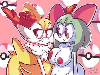 anthro areola arm_tuft big_breasts breasts cheek_tuft duo eyelashes facial_tuft female front_view fur green_hair hair inner_ear_fluff navel nipples nude orange_eyes orange_nose pink_areola pink_background pink_nipples red_eyes short_hair shoulder_tuft simple_background small_breasts smile snaggle_tooth tuft white_body white_fur wide_hips yellow_body yellow_fur jdkdoodles nintendo pokemon braixen generation_3_pokemon generation_6_pokemon humanoid kirlia pokemon_(species)