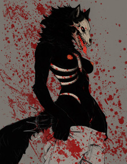 anthro areola black_body black_ears black_fur black_tail blood blood_on_face blood_on_pants bodily_fluids bone bottomwear breasts clothing female fur genitals grey_background grey_bottomwear grey_clothing grey_pants looking_at_viewer nipples pants red_eyes rib_cage simple_background skull skull_head solo tail tongue tongue_out vulva lexokami skulldog_(species) hi_res