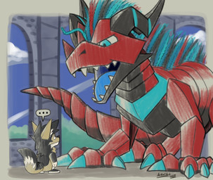 blue_claws blue_internal cardboard castle claws cloud day duo extreme_size_difference facing_each_other fangs male open_mouth pipe_cleaner plant size_difference standoff teeth tree arkailart mario_bros mythology nintendo paper_mario arkail_(randomlucario) vince_(arkailart) canid canine canis dragon jackal mammal mythological_creature mythological_scalie scalie hi_res