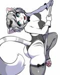 2019 4_toes 5_fingers absurd_res accessory anthro big_breasts bow_(feature) bow_accessory bow_legwear bow_ribbon bow_thigh_highs bow_tie breasts cannon_busters claws clothed clothing clothing_bow cute_fangs dancing digital_media_(artwork) domestic_cat fangs feet felid feline felis female fingers fur green_eyes grey_hair hair hair_accessory hair_bow hair_ribbon hi_res legwear lingerie mammal nipple_outline open_mouth open_smile pawpads pink_nose pink_pawpads pole pole_dancing raised_leg ribbons short_hair simple_background smile soles solo teeth thigh_highs toe_claws toes tongue tsampikos white_background white_body white_fur