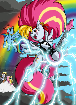 alternative_fashion blonde_hair blue_body blue_feathers blue_fur eating electric_guitar electricity feathered_wings feathers female feral food fur glamrock group guitar hair lightning muffin multicolored_hair musical_instrument outside pink_hair playing_guitar playing_music plucked_string_instrument rainbow_hair string_instrument wings lordstevie friendship_is_magic hasbro my_little_pony mythology derpy_hooves_(mlp) fluttershy_(mlp) poodle_hair_(character) rainbow_dash_(mlp) equid equine mammal mythological_creature mythological_equine pegasus hi_res