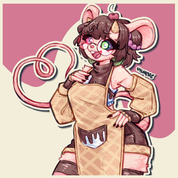 anthro apron arm_warmers armwear black_nail_polish black_nails border brown_hair cherry clothing colored_nails crop_top dessert drop_shadow eyewear female fingerless_gloves food fruit fur glasses gloves hair handwear heart_tail heterochromia horn ice_cream ice_cream_cone legwear mouse_ears mouse_tail nails pattern_clothing pattern_legwear pattern_stockings plant shirt solo stockings striped_clothing striped_legwear striped_stockings stripes tail tan_body tan_fur thigh_highs thigh_up topwear wafer wearing_glasses yellow_border ysundae ysundae_(character) ice_cream_creature ice_cream_humanoid mammal murid murine rodent 1:1 2026 digital_drawing_(artwork) digital_media_(artwork) digital_painting_(artwork) hi_res painting_(artwork)