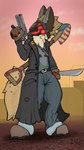 anthro fur gun handgun machine male pistol ranged_weapon screen simple_background smile solo weapon sirawox postal_(series) postal_4 running_with_scissors_(company) johmn postal_dude hyena mammal protogen spotted_hyena digital_media_(artwork)