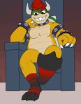 anthro black_clothing black_footwear black_socks bracelet chair clothing collar convenient_censorship footwear furniture jewelry male red_clothing red_footwear red_socks sharp_teeth sitting smile sock_fetish socks solo spiked_bracelet spiked_collar spikes teeth throne aaron_amethyst mario_bros nintendo bowser koopa scalie absurd_res hi_res