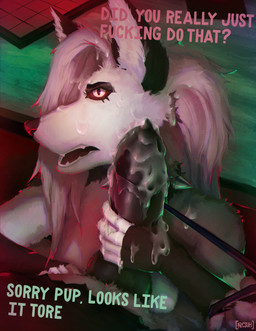 animal_genitalia animal_penis anthro bodily_fluids breasts broken_condom clothed clothing collar condom cum cum_on_face dialogue duo erection female fur genital_fluids genitals hair leash leash_pull male male/female nipples nude open_mouth oral penis profanity red_sclera sex sexual_barrier_device spiked_collar spikes text wearing_condom white_body white_fur arcsuh hellaverse helluva_boss mythology loona_(helluva_boss) vortex_(helluva_boss) canid canid_demon canine demon hellhound mammal mythological_canine mythological_creature digital_media_(artwork) digital_painting_(artwork) english_text hi_res painting_(artwork)