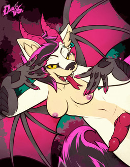 animal_genitalia animal_penis anthro areola black_hair breasts canine_genitalia canine_penis cheek_tuft curved_horn ear_piercing ear_ring facial_tuft fangs forked_tongue fur genitals grey_body grey_scales gynomorph hair highlights_(coloring) horn intersex knot knotted_penis membrane_(anatomy) membranous_wings nipples nude open_mouth open_smile penis piercing pink_areola pink_highlights pink_nipples red_membrane ring_piercing scales smile solo tan_body tan_fur teeth tongue tuft white_body white_fur wings yellow_sclera dustythebat mythology domestic_cat dragon felid feline felis hybrid mammal mythological_creature mythological_scalie scalie hi_res nonbinary_(lore)
