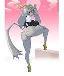 2_horns anthro antlers big_breasts big_butt big_ears blush bodily_fluids breasts butt clothing eyebrows eyelashes featureless_crotch female floppy_ears footwear fur grey_body grey_fur grey_tail horn huge_breasts humanoid_face long_ears looking_at_viewer lop_ears shirt shoes solo sweat tail thick_thighs topwear twitter_handle stormrayneart pseudoregalia sybil_(pseudoregalia) jackalope lagomorph mammal 2024 absurd_res artist_name hi_res