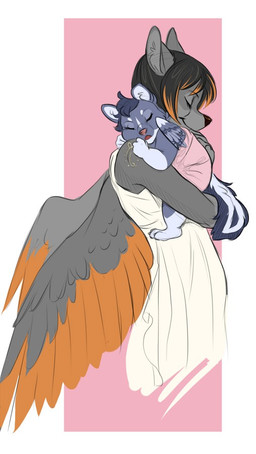 anthro brown_hair caring clothing dark dress duo eyes_closed feathered_wings feathers female fur good_parenting grey_body grey_feathers grey_fur hair multicolored_hair neonate open_mouth orange_body orange_feathers orange_hair sleeping smile snout two_tone_hair white_body white_fur wings young demicoeur fluttershyspy little_shewolf amai_(little_shewolf) iris_(ceresorigins) accipitrid accipitriform avian bird canid canine canis eagle hybrid mammal mephitid skunk wolf digital_media_(artwork) daughter_(lore) mother_(lore) mother_and_child_(lore) mother_and_daughter_(lore) parent_(lore) parent_and_child_(lore) parent_and_daughter_(lore)