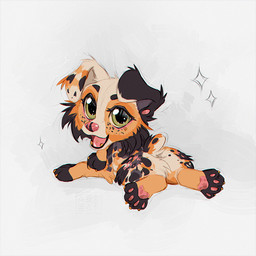 black_markings butt cheek_tuft chibi claws ear_piercing eyelashes facial_tuft female feral floppy_ears freckled_face freckles fur green_eyes looking_at_viewer looking_back looking_back_at_viewer lying markings on_front open_mouth open_smile orange_body orange_fur pawpads piercing pink_markings pink_pawpads pink_tongue rear_view short_tail simple_background smile solo spots spotted_body spotted_fur spotted_markings tail tan_markings tongue tongue_piercing tuft yellow_claws yellow_fangs azzai australian_shepherd canid canine canis domestic_dog herding_dog mammal pastoral_dog sheepdog 1:1 colored colored_sketch digital_drawing_(artwork) digital_media_(artwork) flat_colors sketch