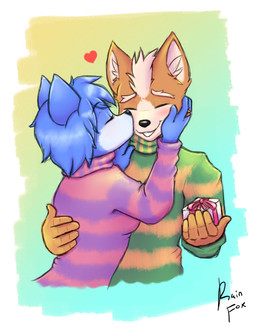 anthro blue_body blue_fur blue_hair blush breasts brown_body brown_fur canon_couple clothing duo eyes_closed female fur gift green_clothing green_sweater green_topwear hair heart_symbol holding_object inner_ear_fluff kissing kissing_cheek male male/female multicolored_body multicolored_fur pattern_clothing pattern_sweater pattern_topwear pink_clothing pink_sweater pink_topwear short_hair smile striped_clothing striped_sweater striped_topwear stripes sweater topwear tuft two_tone_body two_tone_fur rain-fox nintendo star_fox fox_mccloud krystal_(star_fox) canid canine fox mammal 2019 hi_res signature