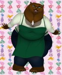 anthro apron bottomwear clothing denim denim_bottomwear denim_clothing female flower jeans looking_at_viewer overweight overweight_anthro overweight_female pants patterns plant smile smiling_at_viewer solo topwear lovemummification luna_brown bear mammal absurd_res hi_res