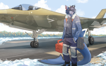 aircraft airplane anthro clothed clothed_male clothing fighter_plane hair horn jet looking_aside male open_mouth snow solo standing toolbox vehicle danny4nex f-35_lightning_ii lockheed_martin aquatic dinosaur dromaeosaurid fish hybrid prehistoric_species reptile saurischian scalie shark theropod 16:10 hi_res widescreen