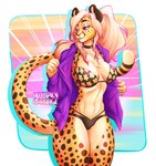 anthro bikini blonde_hair breasts clothing female fur hair markings solo spots spotted_body spotted_fur swimwear thick_thighs two-piece_swimsuit yellow_body yellow_fur hotspicygarbage alexandra_(velocitycat) cheetah felid feline mammal hi_res