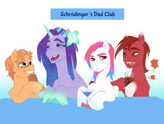 accessory cocktail_glass container cup dreadlocks drinking_glass eyewear facial_hair feral flower flower_in_hair fur glass glass_container glass_cup glasses group hair hair_accessory headband hooves horn leg_markings male markings plant red_body red_fur smile socks_(marking) teeth tooth_gap wings aztrial hasbro mlp_g5 my_little_pony mythology fan_character equid equine mammal mythological_creature mythological_equine pegasus unicorn hi_res