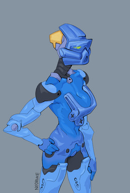 blue_body blue_skin breasts cleavage clothed clothing collarbone colored_skin commentary female grey_background hand_on_hip hand_on_leg hand_on_own_hip hand_on_own_leg hand_on_own_thigh hand_on_thigh looking_ahead machine mask medium_breasts navel one_eye_obstructed simple_background solo text yellow_eyes neoruke bionicle lego gali humanoid robot robot_humanoid absurd_res artist_name hi_res