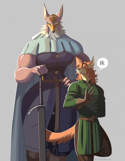 5_fingers anthro bare_arms belt big_breasts black_nose blue_clothing blue_topwear bottomwear breasts brown_eyes buckle button_(fastener) claws cloak clothed clothed_anthro clothed_female clothed_male clothing countershade_neck countershade_snout countershading curly_hair duo ear_tuft ears_up facial_markings fangs female fingers fully_clothed fully_clothed_anthro fully_clothed_female fully_clothed_male fur gloves green_clothing green_topwear grey_body grey_fur hair hand_behind_back hand_on_hip handwear head_markings larger_female leaning_on_object leg_wrap looking_at_viewer loose_hair male markings mask_(marking) melee_weapon muscular muscular_female neck_tuft on_one_leg pants rim_light scabbard shirt simple_background size_difference slim_anthro slim_male smaller_male smile smiling_at_viewer snout speech_bubble standing sword tail teeth thick_thighs topwear tuft tunic weapon white_body white_fur yellow_eyes hiverdose cisor_(hiverdose) nikita_(hiverdose) canid canine canis jackal mammal wolf digital_media_(artwork) hi_res
