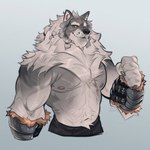 anthro barazoku big_muscles biped black_eyes fur grey_body grey_fur looking_at_viewer male muscular muscular_anthro muscular_male shirtless_anthro shirtless_male solo white_body white_fur yellow_sclera bearlyfeline canid canine canis mammal wolf 1:1 2024 hi_res