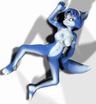 accessory anthro blue_body blue_fur blue_tail breasts claws female fur furniture genitals gold_(metal) gold_jewelry green_eyes headband jewelry looking_at_viewer lying markings multicolored_body multicolored_fur multicolored_tail nipples nude on_back pussy shadow simple_background solo tail tattoo tribal tribal_jewelry tribal_markings tribal_tattoo white_background white_body white_fur white_tail therenderist nintendo star_fox krystal_(star_fox) canid canine fox mammal 2010 3d_(artwork) absurd_res digital_drawing_(artwork) digital_media_(artwork) hi_res