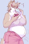 anthro belly belly_squish big_belly big_breasts blue_eyes blush breasts button_(fastener) button_pop claws cleavage clothed clothing colored_nails container cup drinking electronics emanata female fur grey_background hair holding_container holding_cup holding_object holding_phone kemono multicolored_body nails overweight overweight_anthro overweight_female phone simple_background solo squish surprise tail tan_body tan_fur two_tone_body wardrobe_malfunction white_body white_fur suda meg_(suda) canid canine mammal hi_res signature