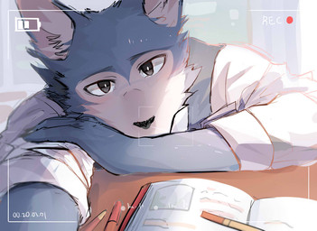 anthro blue_body blue_fur blush book camera_view clothed clothing countershading fur looking_at_viewer male pencil_(object) recording shirt solo topwear white_clothing white_shirt white_topwear writing_utensil chung0_0 beastars legoshi_(beastars) canid canine canis mammal wolf