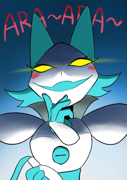 anthro ara_ara blue_hair blush blush_stickers female flirting flirting_with_viewer hair looking_at_viewer machine naughty_face smile solo whip yellow_eyes s4see deltarune undertale_(series) tasque_manager android darkner felid feline mammal robot 2021 absurd_res hi_res