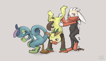ambiguous_gender ambiguous_pooping anthro anus balls black_body black_fur blue_body blue_cheeks brown_body brown_fur cotton_tail crouching curled_tail ears_down feces feces_on_ground feces_pile fur genitals gloves_(marking) green_body grey_background group hand_on_leg handstand leg_markings long_ears looking_at_another looking_back looking_back_at_another male male_pooping markings narrowed_eyes open_mouth pivoted_ears pooping pooping_on_floor pooping_together raised_tail red_body red_eyes red_fur scatplay simple_background smile socks_(marking) tail text trio white_body white_fur yellow_body yellow_fur jadeder nintendo pokemon drizzile generation_8_pokemon pokemon_(species) raboot thwackey 2026 artist_name dated hi_res
