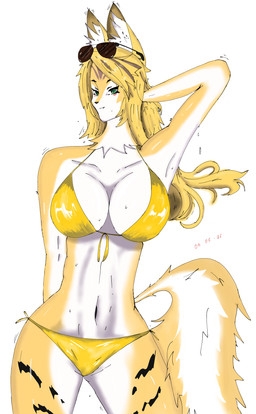 anthro big_breasts bikini blonde_hair bodily_fluids breasts butt_fang cleavage clothed clothing dripping eyewear female fluffy fluffy_tail gold_bikini green_eyes hair hair_down inner_ear_fluff leg_markings markings navel raised_arm solo sunglasses sweat swimwear tail thigh_markings tuft two-piece_swimsuit wet st4vr golden_week mihoyo zenless_zone_zero pulchra_fellini domestic_cat felid feline felis mammal sand_cat thiren 2026 absurd_res dated hi_res