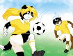 anthro ball black_body black_fur black_hair black_nose blonde_hair blush bottomwear breasts brown_body brown_fur clothing duo female footwear fur hair male outside shoes shorts soccer_ball uniform j3t canid canine canis domestic_dog mammal mustelid otter 2019