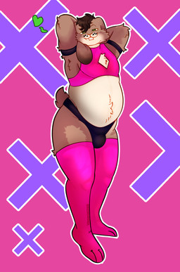 anthro belly brown_hair buckteeth bulge cheek_tuft clothing directional_arrow facial_tuft green_eyes hair hands_behind_head heart_symbol legwear male pattern_background pink_background pink_clothing pose scut_tail short_tail simple_background slightly_chubby slightly_chubby_male smile smirk solo tail teeth text thigh_highs tuft x_symbol vasarat224 absurd_res commissioner_name digital_media_(artwork) hi_res pinup