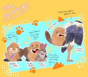 accessory avian_feet beak beaver_tail begging_for_mercy brown_body brown_fur buckteeth claws cowering dialogue directional_arrow electroshock_weapon feathers female feral footprint fur grey_body grey_feathers group male markings mostly_nude necktie necktie_only open_mouth pawprint pawprint_(marking) rabbit_ears scared scut_tail short_tail size_difference speech_bubble standing tail tan_body tan_fur taser teeth text thought_bubble weapon white_body white_feathers craftycrayola disney hoppers_(disney) pixar conner_(hoppers) dr._nisha_(hoppers) dr._sam jerry_generazzo mabel_tanaka avian beaver bird great_heron heron lagomorph leporid mammal pelecaniform rabbit rodent stork english_text hi_res