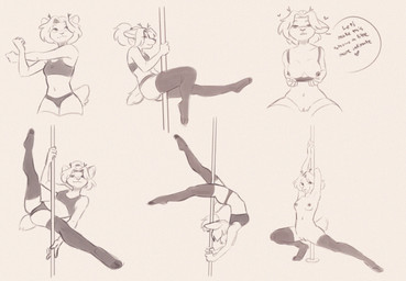 anthro clothing feet female flashing genitals hooves legwear nipples pole solo stockings stretching stripper_pole toes underhoof undressing vulva merlinmakes deer mammal 2021 absurd_res hi_res monochrome sketch