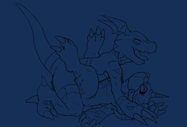 bdsm bodily_fluids bondage bound claws cum dominant dominant_male duo eyes_closed genital_fluids horn legs_up lying male male/male misleading_thumbnail muzzle_(object) muzzled on_back open_mouth sex simple_background submissive toe_claws tongue transparent_background kinglom bandai_namco digimon digimon_(species) gabumon guilmon scalie alpha_channel black_and_white line_art monochrome