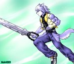 anthro blue_eyes bottomwear clothing footwear fur green_background grey_body grey_fur grey_hair hair holding_object holding_weapon jumping keyblade male melee_weapon mouth_closed pants shoes simple_background solo tail weapon noki001 kingdom_hearts square_enix riku_(kingdom_hearts) canid canine canis mammal wolf