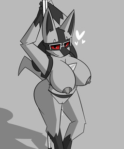 anthro areola big_breasts big_butt black_eyes bodily_fluids breasts butt chest_spike curvy_figure dripping eyebrows eyewear eyewear_only female front_view genital_fluids genitals glasses glasses_only gloves_(marking) grey_background hand_spike huge_breasts leg_markings looking_at_viewer looking_up markings nipples nude pole raised_eyebrows red_sclera simple_background smile smirk socks_(marking) solo spikes spikes_(anatomy) stripper_pole thick_thighs vaginal_fluids vulva wearing_glasses skweekers nintendo pokemon fan_character ruu_(skweekers) canid generation_4_pokemon lucario mammal pokemon_(species) 2022 5:6 hi_res spot_color